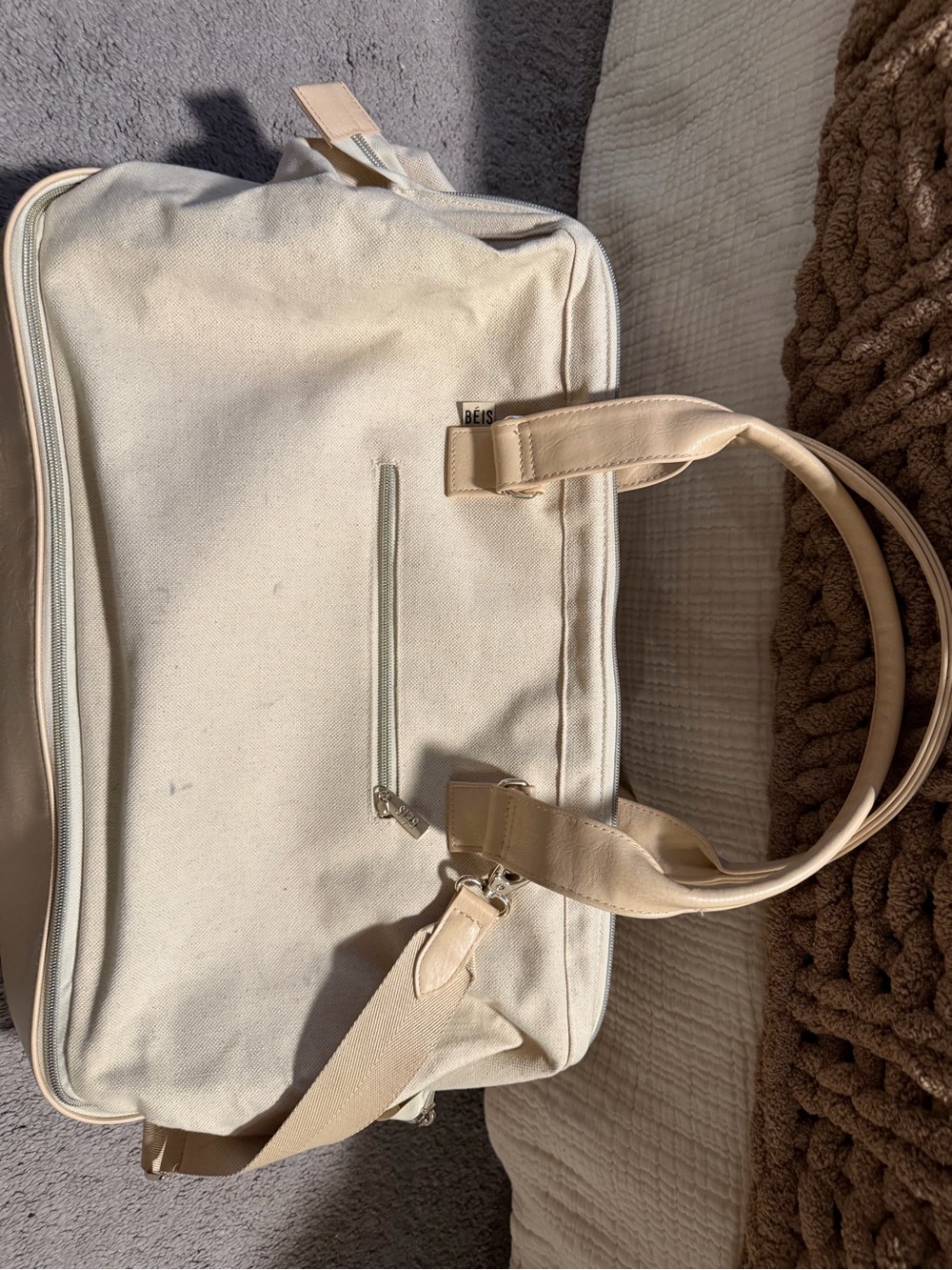 BEIS Cream Canvas Travel Tote with Beige Straps